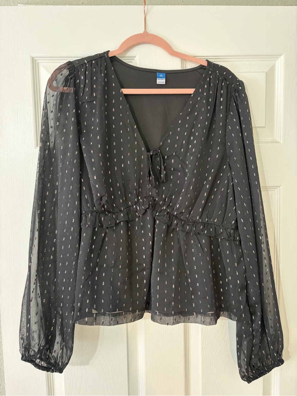 Old Navy Black Sheer Metallic Dot Tie-Neck Blouse